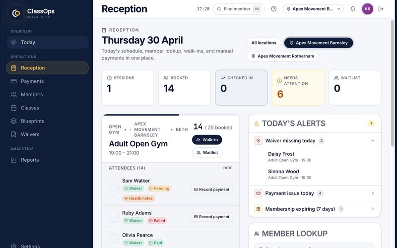 ClassOps Reception Dashboard today schedule